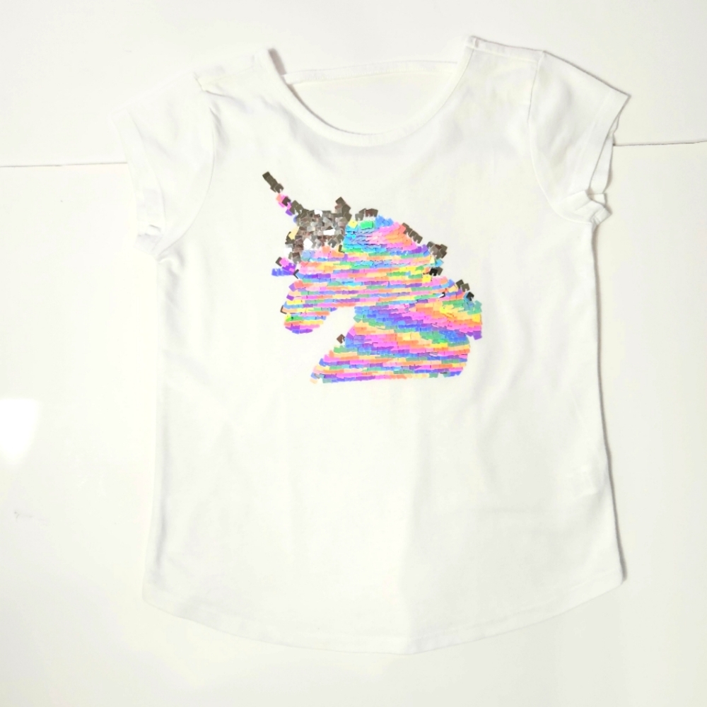 The Children's Place Girl's White Tee with Colorful Sequin Unicorn Size: 7/8